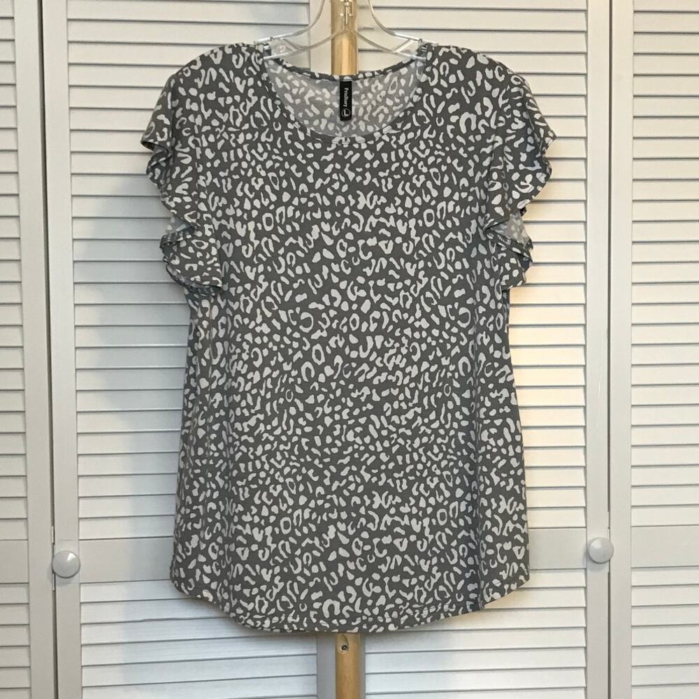 PrinStory Animal Print Round Neck Ruffled Short Sleeves Blouse L